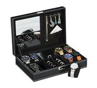 Relaxdays Uhrenbox für 8 Uhren, Uhrenkasten mit Schmuckablage, Lederoptik, Samtbezug, HxBxT: 8 x 30 x 20,5 cm, schwarz