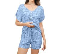 Reliwel Pyjama Damen Kurz mit Knöpfen Baumwolle Schlafanzug Sommer Pijamas Kuschelanzug Zweiteiler Damen Pjama Set Elegant Schlafshirt Homewear Blau, S