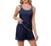 Reliwel Pyjama Damen Sommer Schlafanzug Damen Baumwolle Ärmelloses Oberteil und Schlafshort Sleepshirt für Sommer Pyjama Set Damen Hausanzug Loungewear Marineblau, M