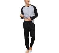 Reliwel Pyjama Herren Lang Baumwolle Schlafanzug Zweiteilige Langarm Oberteil und Schlafanzughose Hausanzug Pjama Set für Herren Schwarz, S