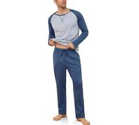 Reliwel Pyjama Herren Lang Baumwolle Schlafanzug Zweiteilige Langarm Oberteil und Schlafanzughose Hausanzug Pjama Set für Herren Blau Hellgrau, XL