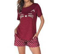 Reliwel Schlafanzug Damen Baumwolle Kurz Shorty Pyjama Damen Sommer Schlafanzüge Katzen T Shirt mit Karierten Shorts Süß Sleepwear Freizeitanzug Loungewear Weinrot, XXL