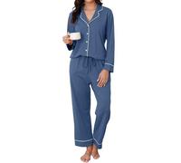 Reliwel Schlafanzug Damen Baumwolle mit Knopfleiste Pyjama Lang Nachtwäsche Weich Hausanzug Loungewear 2 Teiler Homewear Damen Set Pijama - Button Down Shirt und Langer Hose Blau, M