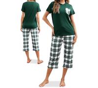 Reliwel Schlafanzug Damen Kariert Kurzarm Pyjama Set Zweiteiliger Top und 3/4 Lang Hose Pyjama Damen Kurz Hausanzug Sleepwear Nachtwäsche für Frühling Sommer Herbst