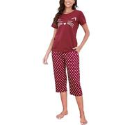 Reliwel Schlafanzug Damen Kurz Pyjama Set Baumwolle Zweiteiliger Womens Pyjamas Kurzarm T Shirt und 3/4 Lang Pyjamahose Hausanzug Sommer Sleepwear