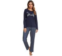 Reliwel Schlafanzug Damen Lang Pyjama Baumwolle Damen Zweiteiliger Oberteil und Schlafanzughose Süßer Katzendruck Sleepewear Herbst Winter Hausanzug Freizeitanzug A#Blau, XL