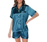Reliwel Schlafanzug Damen Satin Pyjama Damen Kurz Set mit Knopfleiste V-Ausschnitt Zweiteiliger Pjs Sets Seide Nachtwäsche Kurzarm Sommer Hemdpyjama Hausanzug S-XXL