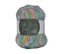 Rellana Flotte Socke 4f. Woolfree Linosa,93% Polyacryl und 7% Stretch-Polyester,100 g = ca. 420 m (1832 gelb-weiß-türkis-rosa)