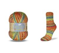 Rellana Flotte Socke Jubilee, 40Jahre Rellana,100 g/420m LL,4-fädige Sockenwolle,75% Schurwolle/25% Polyamid, (1763 gelb-orange-capri)