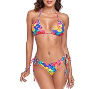 RELLECIGA Damen Bikini-Set, gewellt, dreieckig, brasilianische Bademode, Mehrfarbiges Blumenmuster, S