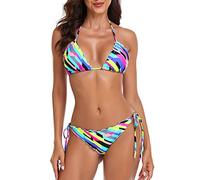 RELLECIGA Damen Bikini-Set, gewellt, dreieckig, brasilianische Bademode, Neon gestreift, S