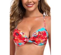 RELLECIGA Damen Push Up Bikini Top Criss Cross Bügel Badeanzug Top für Frauen, Blau floral, XL