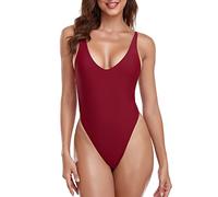 Relleciga Einteiliger Tanga-Badeanzug für Damen, Weinrot, Medium