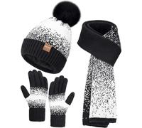 Remifa Damen-Wintermütze, Schal, Handschuhe, Set, Bommel, warme Mütze, langer Strickschal, Touchscreen-Handschuhe, 3-in-1, Weihnachtsgeschenk, Schwarz Weiß, Einheitsgröße