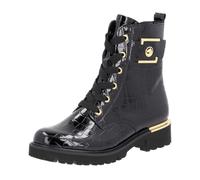 Schnürstiefelette REMONTE, Damen, Gr. 44, gold (schwarz, goldfarben), Lacklederimitat, glänzend, kontrastfarbene Details, Schuhe Schnürstiefelette, Blockabsatz, Schnürboots im Kroko-Look, Innenreißver