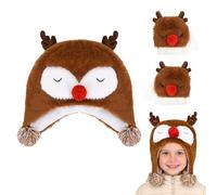 Rentier Mütze Handschuhe Set Kinder, Rentier Kinderhandschuhe Kindermütze Mädchen Jungen, Strickhandschuhe Wintermütze Kinder, Winter Warme Rentiermütze Beanie Fingerhandschuhe mit Kappe Set Geschenk