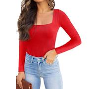 REORIA Damen langarm Bodysuit Sexy eckiger Ausschnitt doppelt gefüttert Overalls Rot S