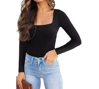 REORIA Damen langarm Bodysuit Sexy eckiger Ausschnitt doppelt gefüttert Overalls Schwarz M