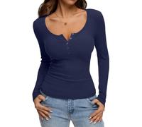 REORIA Damen Langarm Henley T-Shirts Knopf Rippstrick Slim Fit Tops Bluse | Knopfleiste vorne,U-Ausschnitt,Weiches Rippstrickmaterial,Schmale Passform,Vielseitiges Basic,Unifarbenes Oberteil