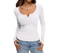 REORIA Damen Langarm Henley T-Shirts Knopf Rippstrick Slim Fit Tops Bluse | Knopfleiste vorne,U-Ausschnitt,Weiches Rippstrickmaterial,Schmale Passform,Vielseitiges Basic,Unifarbenes Oberteil