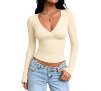 REORIA Damen Langarmshirt Deep V-Ausschnitt Top Slim Fit,XS-XL | 73,5 % baumwolle,sexy,crop top,basic,figurbetont,dehnbar,winter unterziehshirt,lässig t-Shirt