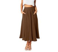 REORIA Damen Maxi Faltenrock Hohe Taille A-Linien Rock Midiröcke Eleganter Langer Rock mit elastischem Bund und Taschen Kaffee S