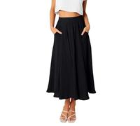 REORIA Damen Maxi Faltenrock Hohe Taille A-Linien Rock Midiröcke Eleganter Langer Rock mit elastischem Bund und Taschen Schwarz XXL