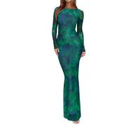 REORIA Damen Mesh Transparent Langarm Kleid Elegantes Florales Bodycon Maxi Kleid für Hochzeitsgäste Green Bio Tech Floral XS