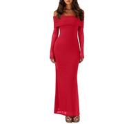 REORIA Damen Off Shoulder Langarm Kleid Elegantes Sexy Zweilagiges Stretch Mesh Maxikleid Figurbetont Modisch Für Party Rot M