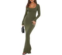 REORIA Damen Sexy Kleid mit quadratischem Ausschnitt und Langen Ärmeln weiches Lounge-Kleid Lässige gerippte figurbetonte Maxikleider Olivgrün L