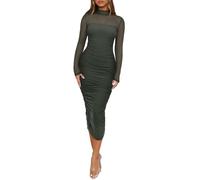 REORIA Damenkleid aus Netzstoff, langärmelig, gerüscht, figurbetont, Stehkragen, elegant, Club, Abendparty, Cocktailkleid