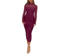 REORIA Damenkleid aus Netzstoff, langärmelig, gerüscht, figurbetont, Stehkragen, elegant, Club, Abendparty, Cocktailkleid