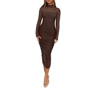 REORIA Damenkleid aus Netzstoff, langärmelig, gerüscht, figurbetont, Stehkragen, elegant, Club, Abendparty, Cocktailkleid