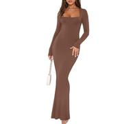 REORIA Lässige sexy Kleider für Damen Date Nacht Ausgehen Club Outfits quadratischer Ausschnitt langärmlig gerippt figurbetontes Maxikleid Kaffee XL