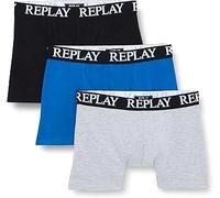 Replay Herren Boxershorts, 3er Pack - Unterhosen, Baumwolle, Logo, einfarbig, mehrfarbig, L Schwarz/ Grau/ Blau