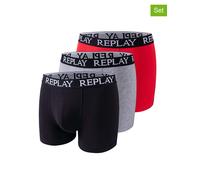 Replay Herren Boxershorts, 3er Pack - Unterhosen, Baumwolle, Logo, einfarbig, mehrfarbig, L Schwarz/ Grau/ Rot