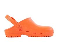 REPOSA MAX Clogs, Hygieneclogs, natürliches antistatisches Polymer, latexfrei, bequem, leicht, geschlossenes Obermaterial, Seitenlöcher, anatomische Sohle, SRC-Sohle,Orange,38 EU