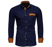 Reslad Herren Hemd bügelfrei Slim Fit Freizeit Männer Hemden Business Oberhemd Kontrast buntes Langarm RS-7205 Dunkelblau S