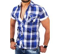 Reslad Herren Hemd Kurzarm Männer Kurzarmhemd Bügelfrei Oberhemd Slim Fit karriertes Kontrast Muster RS-7065 Blau-Weiß M