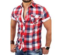 Reslad Herren Hemd Kurzarm Männer Kurzarmhemd Bügelfrei Oberhemd Slim Fit karriertes Kontrast Muster RS-7065 Rot-Weiß M