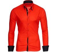 Reslad Herren Hemden bügelfreies Slim Fit Freizeithemd Männer Hemd Businesshemd zweifarbig 2 Kragen RS-7050 Rot Schwarz Gr L