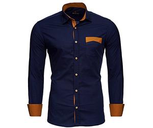 Reslad Männer Hemd bügelfrei Slim Fit Freizeit-Hemden Party Disco Business Herren Zweifarbig Langarm RS-7205 Dunkelblau M
