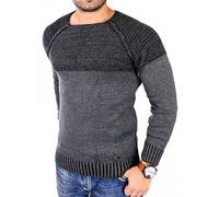 Reslad Strickpullover Herren Two Tone Rundhals Pullover Grobstrick RS-16081 (2XL, Anthrazit)