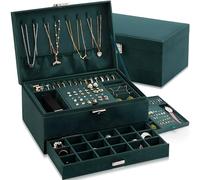 Retoo Schmuckkästchen Reise mit 2 Ebenen, Schmuckkasten Klein, Schmuckbox Tragbar, 4,5 x 17 x 11,5 cm Schmuckaufbewahrung für Accessoires, Schlüsselschloss, Farbe: Dunkelgrün