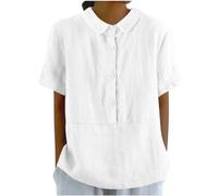 retourenkauf-7-99-günstiger leinen Longbluse musselin Bluse Damen weiß Hemden Einfarbig Baumwoll Revers Kurzarm Tunika Oberteil Sommer Tops(Weiß, S)