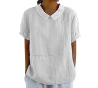 retourenkauf-7-99-günstiger leinen Shirt Damen Lange blusen Damenbluse musselin Einfarbig Baumwoll Revers Kurzarm Tunika Blouses for Women Sportshirt(Weiß, XL)