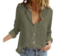 retourenkauf-7-99-günstiger musselin Bluse Damen Baumwollbluse Tunika weiß Einfarbig Baumwoll Leinen Revers Langarm Oberteile große größen wickeloberteil(Armeegrün, M)
