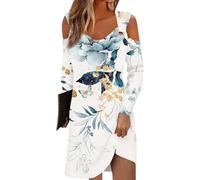 retourenkauf-70-99-günstiger Kleider für hochzeitsgäste Spitzenkleid langes Sommerkleid V-Ausschnitt Blumen Druck Kalte Schulter Lange Ärmel Mini Kleid Sommerkleider kurz Festival Kleid (Sky Blue, L)