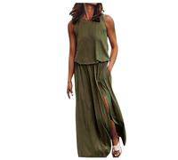 retourenkauf-70-99-günstiger maxikleid Damen Sommer schicke Sommerkleider Cartoon Damen Kleid Einfarbig Patchwork Rundhals Maxi Ärmellos Split Kleid Elegante Kleider Korsett Kleid (Armeegrün, S)