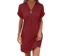 retourenkauf-70-99-günstiger musselin Kleid Damen blusenkleid Sommerkleid Damen midi Einfarbig V-Ausschnitt Kurze Ärmel Kurz Kleid leinenkleid Damen Spitzenkleid (Tiefrot, 3XL)